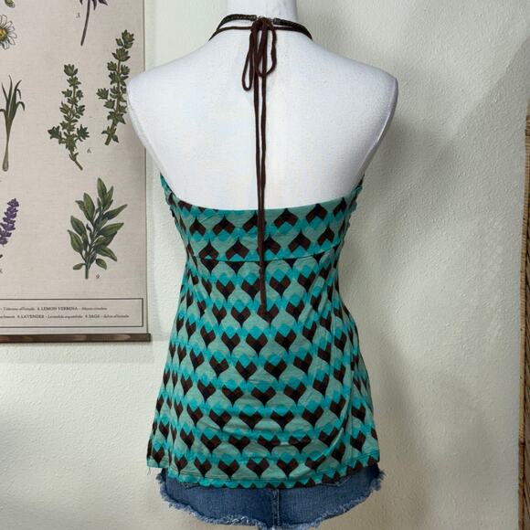 Vintage 90s Y2k Green Brown Halter Top Boho Gyaru Coastal Cowgirl Trashy Bimbo M - Picture 3 of 6